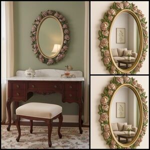 Vintage Home Interiors Shabby Chic Pink Gold Floral Oval Wall Mirror 27”x 20”